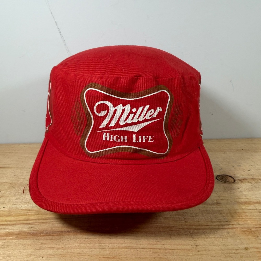 Vintage Miller High Life Cadet Hat Mens Red Cotton Logo Military Brewery Beer